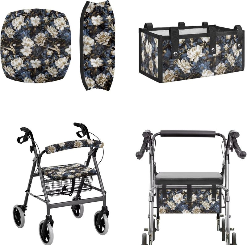 LedBack Vintage Floral Walker Accessories 3 Piece Set Rollator Walker Seat and Backrest Covers, Walker Storage Bags Lightweight Rollator Seat Cushion Covers and Organizer Bag - Image 1